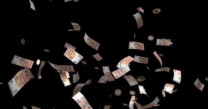 1 and 50 Euro banknote falling 4k animation footage