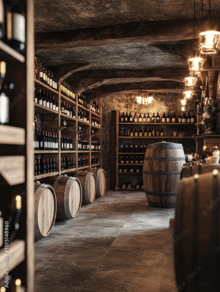 Poster Explore a rustic wine cellar with wooden barrels and neatly arranged wine bottles in an inviting, atmospheric setting. Generative AI
