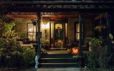 Fototapeta premium front porch halloween decor after dark