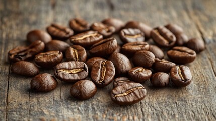 Fototapeta premium A close-up of brown roasted coffee beans on a wooden surface, with detailed textures and soft lighting
