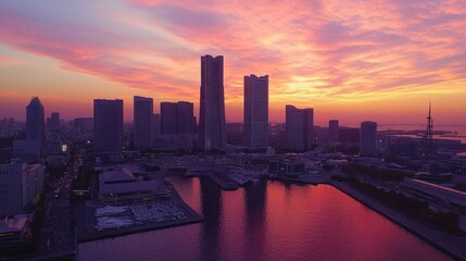 Obraz premium A stunning aerial view of Yokohama Minato Mirai 21 district at sunset, with the Landmark Tower dominating the skyline.
