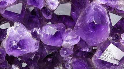 Fototapeta premium A close-up of purple amethyst crystals, sparkling with intricate facets and natural detail, against a dark background.