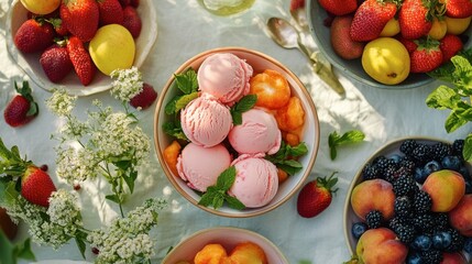 A summer picnic setting with bowls of fruit ice cream served alongside freshly picked fruits and herbs.