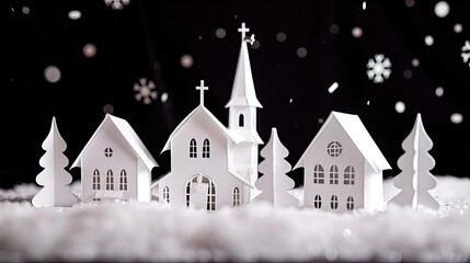 Fototapeta premium A set of three paper houses with trees and a church on top