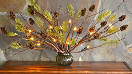 Pine cone lights, small pine cones on willow branches