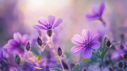 Fototapeta premium A close-up of purple wildflowers growing in a meadow, with intricate petal details and soft light creating a serene scene.