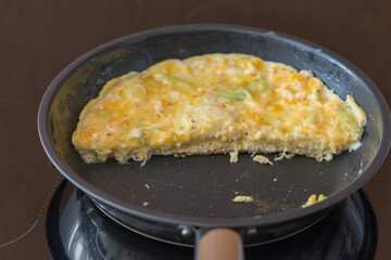 Egg omelette with salami on a plate