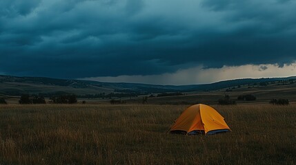 A single yellow tent sits in a field, with a dramatic storm cloud looming overhead.