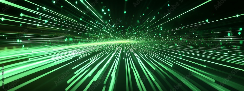 Poster abstract green light streaks converging to a point in the center of the image.