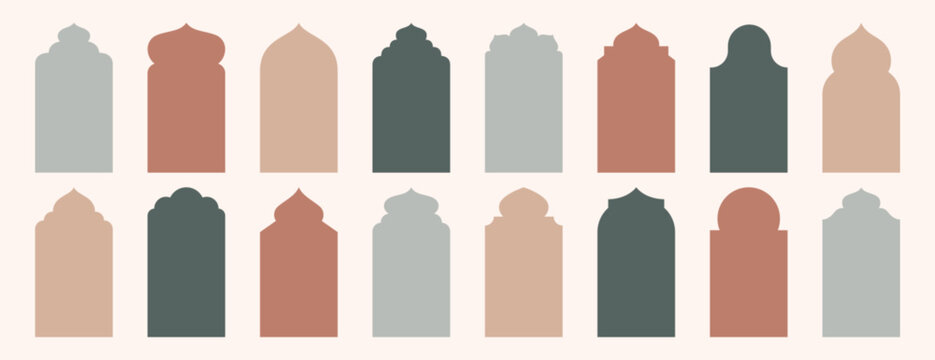 Old islamic window shape in oriental style. Arabic frames or arabian mosque arches in natural pastel colors. Muslim architecture geometric design elements, moroccan minimal door set. Eid mubarak gates