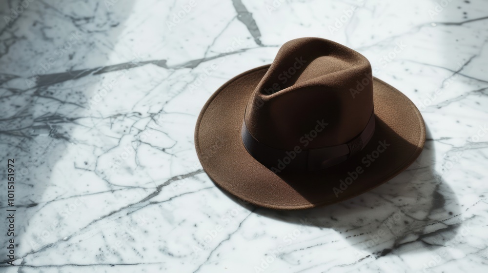 Sticker A Brown Fedora Hat Resting on a White Marble Surface