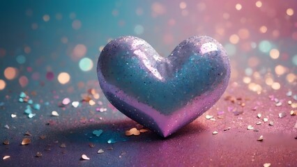 Obraz premium Glittery Heart Ornament on a Colorful Background Adorned With Sparkling Confetti and Soft Bokeh Lighting