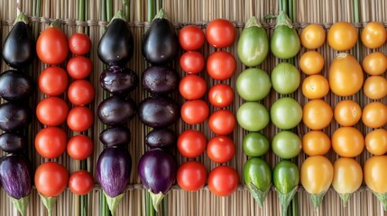 Rows of Khanom Look Chup shaped like mini eggplants, tomatoes, and beans, perfectly aligned on a bamboo mat.