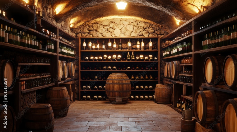 Poster explore a rustic wine cellar featuring wooden barrels and meticulously arranged wine bottles in a co