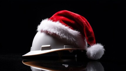 White hard hat wearing a santa claus hat for christmas