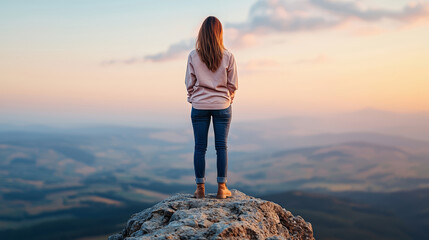 A confident businesswoman stands on the edge of a rocky landscape, gazing at a stunning sunset view, embodying empowerment and inspiration in nature. - Powered by Adobe