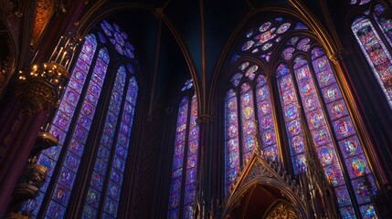 Obraz premium The elaborate stained glass windows of Sainte-Chapelle, casting colorful light onto the chapel's interior.
