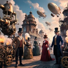 Fototapeta premium Surreal Steampunk Adventure in the Whimsical Skies with Fantastical Airships