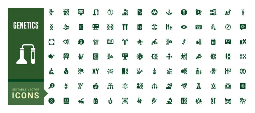 Genetics Filled icons set. genome, genetic, biology, chromosomes, heredity, GMO and more. Solid icon collection, Editable synbol for web and ui, Pixel perfect.
