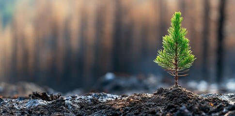 New Pine Sprout Emerging in Burned Forest. AI generated illustration