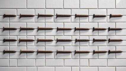 Wooden Nails on White Subway Tile Background