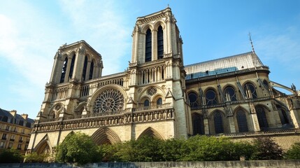 Obraz premium The iconic facade of the Notre-Dame Cathedral, showcasing its Gothic architecture and towering spires on a bright day.