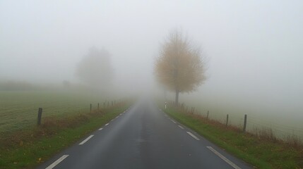 Fototapeta premium A winding asphalt road disappears into a thick fog with a single, yellow-leafed tree visible on the right, and another tree shrouded in the fog on the left.