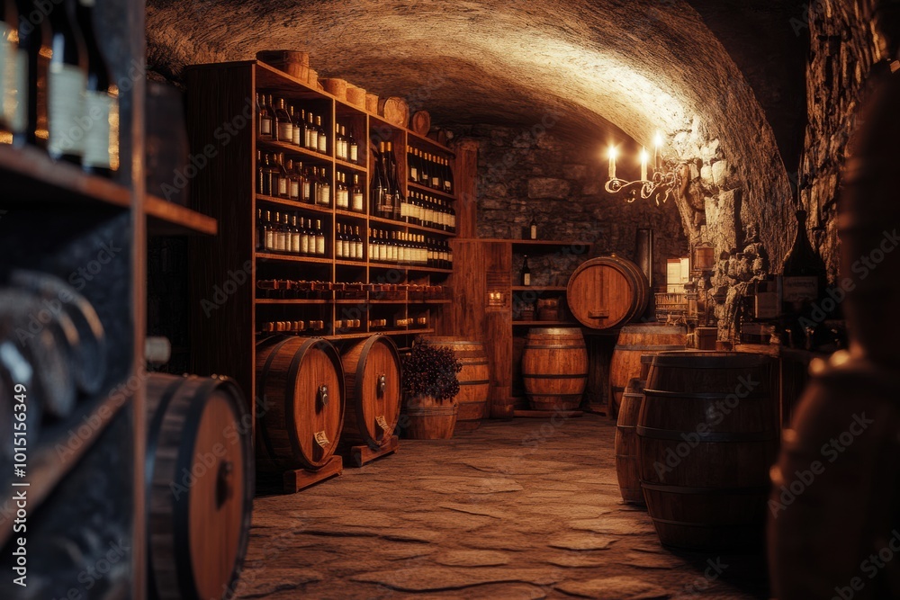 Poster wine cellar with wooden barrels and shelves stocked with wine bottles in a rustic underground settin