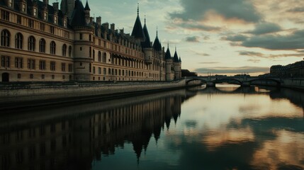 Fototapeta premium The medieval architecture of the Conciergerie, once a royal palace and prison, reflected in the Seine.