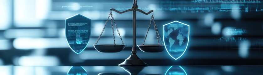 Digital scales of justice balanced with cybersecurity shields, representing the intersection of law and cybersecurity, cybersecurity law, regulatory compliance