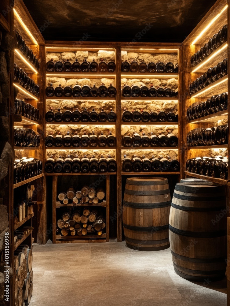 Poster a cozy wine cellar featuring wooden barrels and neatly arranged shelves filled with wine bottles rea