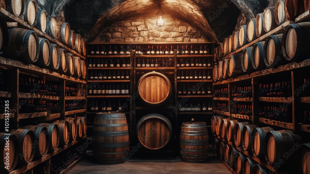 Poster explore the enchanting wine cellar with wooden barrels and shelves filled with bottles for a perfect