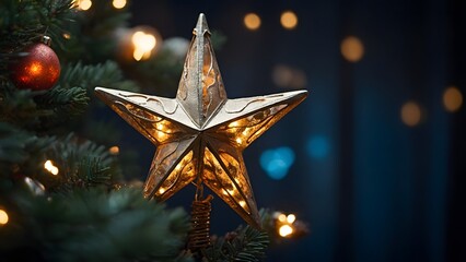 Golden Star Tree Topper Shining Bright on a Beautifully Decorated Christmas Tree Amidst Festive Lights