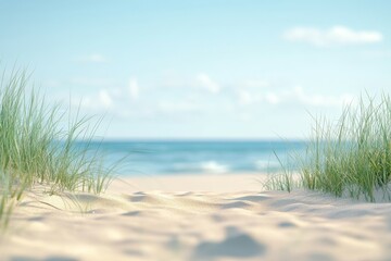 Tranquil beach with sandy foreground and glowing horizon with sunrays, plants on coastal dunes