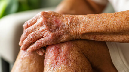 Dry and flaky skin on a person's hand resting on a knee in an indoor setting during daylight hours, highlighting skin condition and texture
