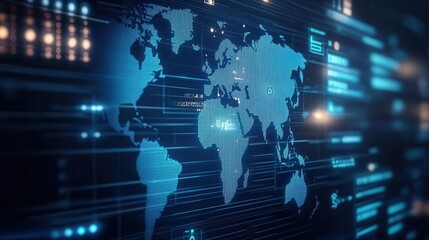 Digital rendering of a global map with cybersecurity regulations highlighted in different regions, international cyber law, regulatory compliance