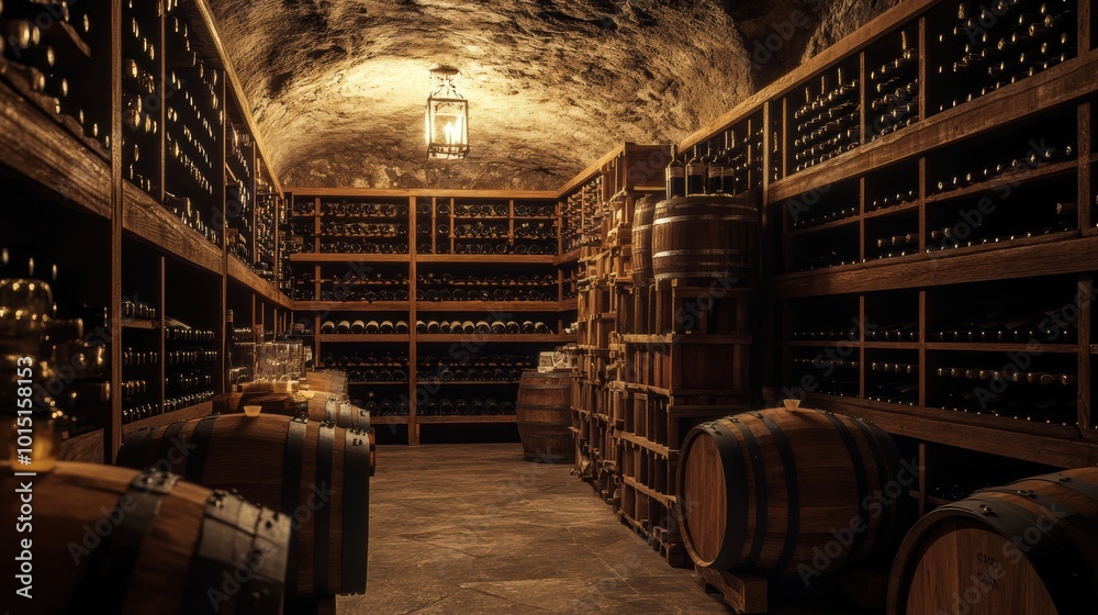 Poster Explore a rustic wine cellar featuring rows of wooden barrels and shelves filled with assorted wine bottles in a serene setting. Generative AI