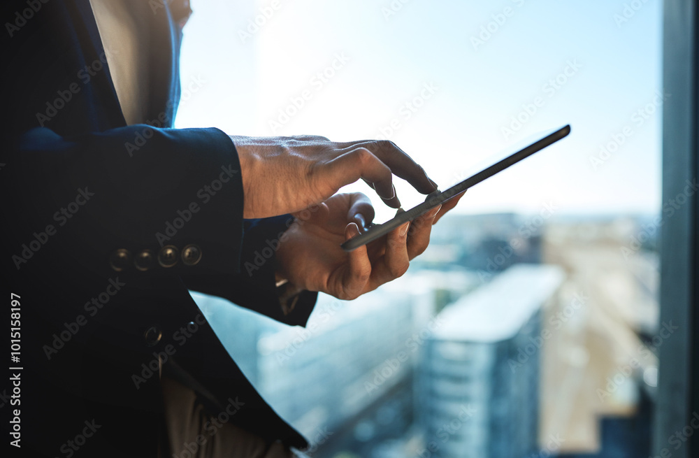 Aufkleber hands, tablet and scroll in working as realtor in property management, development or town planning.