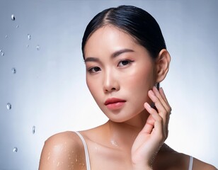 Naklejka premium Chinese woman posing with a hand reaching to face and wet skin after spa treatments. 