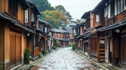 Fototapeta premium The traditional tea houses of Kanazawa Higashi Chaya district, with narrow cobbled streets and wooden facades.