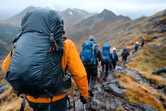 Group of Hikers Climbing Rugged Mountain Track | Adventure and Exploration in Nature - Powered by Adobe