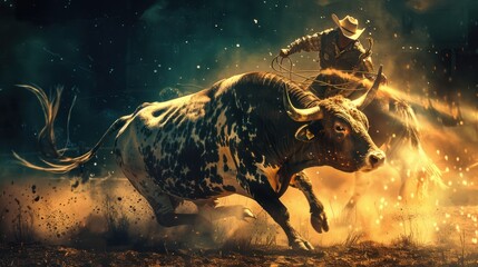 A Cowboy Riding a Bull Through a Dust Cloud