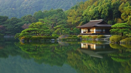 Fototapeta premium The tranquil reflections of the Ritsurin Garden in Takamatsu, with beautifully manicured trees and traditional teahouses.
