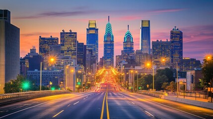 Fototapeta premium A panoramic view of the Philadelphia skyline at sunset, with a busy highway leading towards the city.