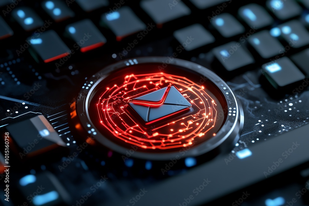 Poster High-tech futuristic email scam with glowing holograms, representing phishing attempts in a world of advanced digital interfaces