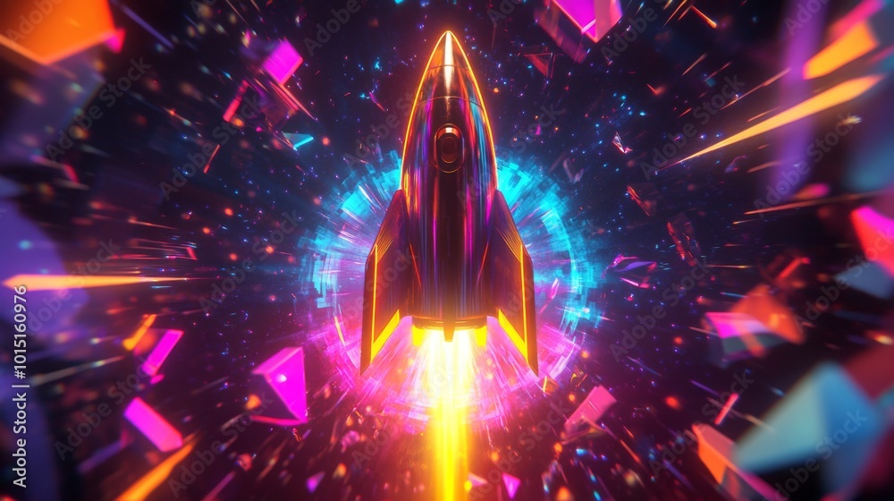 Leinwandbilder a dynamic rocket ascends into the cosmos, surrounded by vivid colors and dynamic geometric shapes th