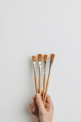 Hand Holding Paintbrushes on a White Background | Creative Tools for Artistic Expression and Crafting Projects