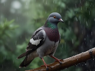 Fototapeta premium A dove sits on a branch caught in the rain AI generated
