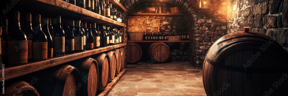 Aufkleber explore the rustic charm of a wine cellar filled with wooden barrels and shelves of exquisite wine b