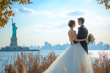 A Wedding Day Overlooking the Statue of Liberty, New York, Wedding Ceremony, Bride and Groom